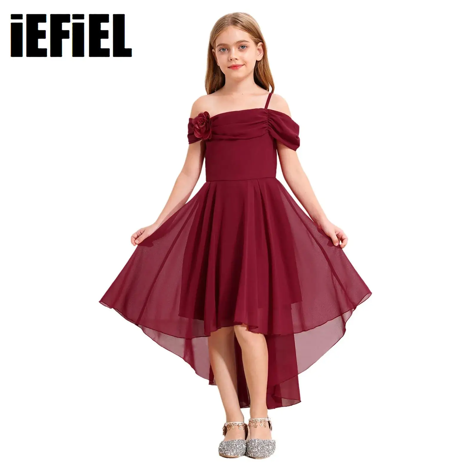 Robe d'anniversaire en mousseline de soie pour filles, épaules dénudées, à volants, taille haute, ourlet irrégulier, longueur aux genoux, avec fausse fleur détachable