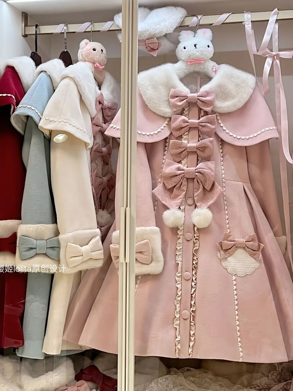 الشتاء أنيقة الحلو لطيف فتاة لوليتا القوس منتصف طول معطف الصوف عالية الخصر التخسيس معطف طويل و كيب قطعتين مجموعة #3