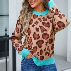 Casual Leopard Print Knitting Sweater Winter Women Pullovers 2024 New Korean Vintage Knit Sweater Pullover Casual Loose Jumper