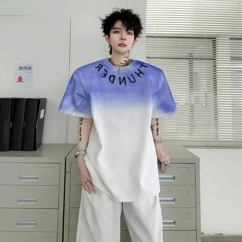 LUZHEN Tie-dyed Short 2026 Letter Printed Summer Sleeve T-shirt Gradient Men's Original Handsome Shoulder Pad Casual Tops JY8011