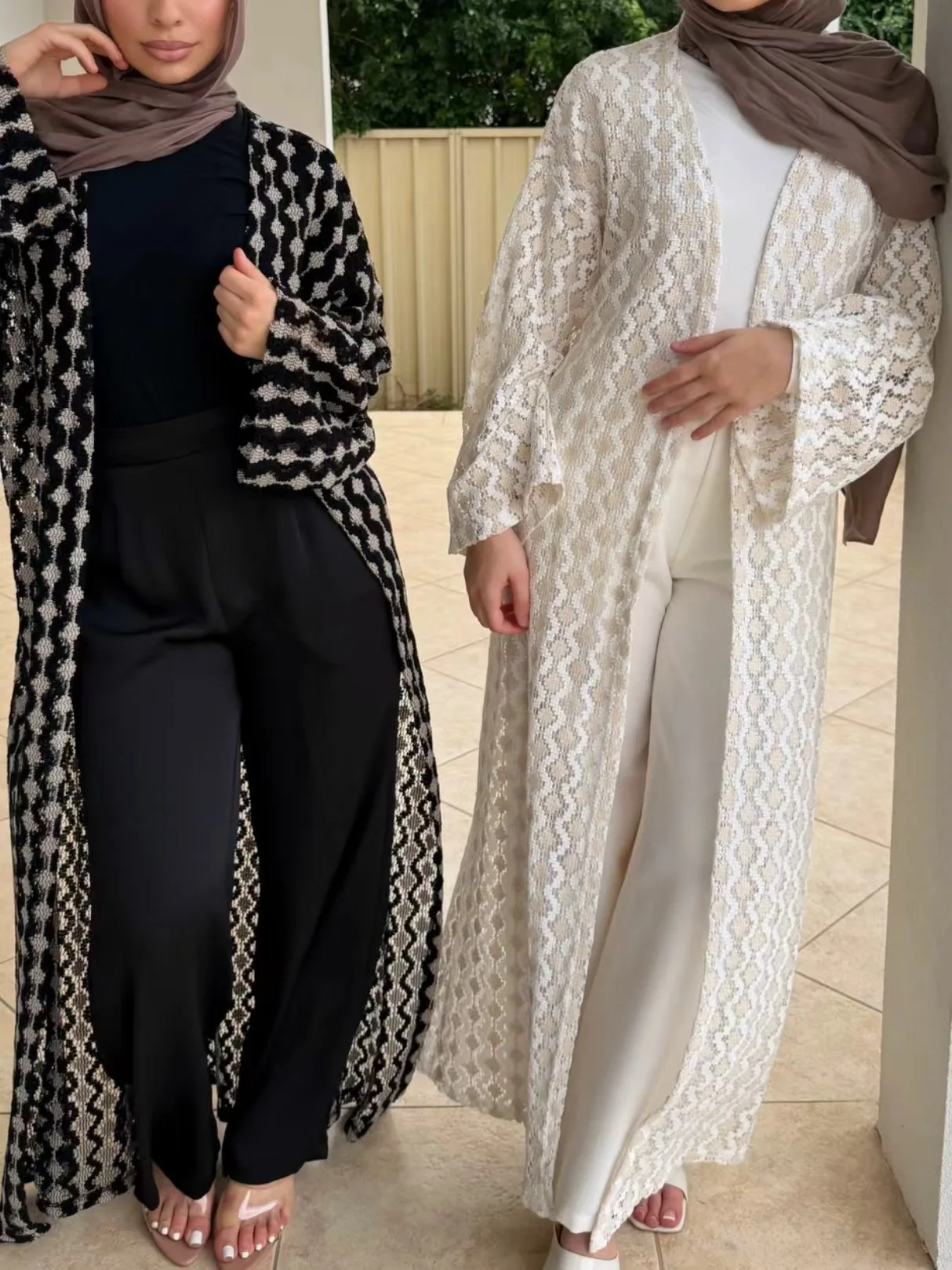 Dubai Muslim Knit Crochet Color Block Cardigan Loose Fit Long Sleeve Open Kimono Abaya Women Robe Casual Fashion Outerwear Arab