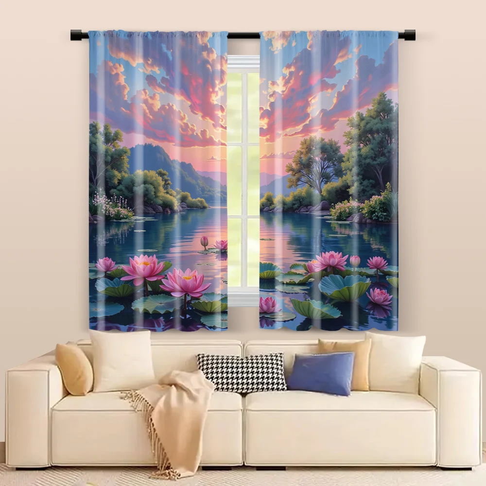2 pcs, filtering curtains (excluding rods, non-movable, without batteries) daysWater Lilies for use in bedrooms and living rooms