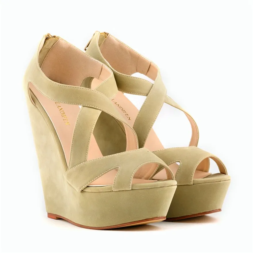 Sommer Sexy Kreuz Cut-Outs Kleid Sandalen Solide Flock Frauen Peep Toe Wedges Sandale High Heels Plattform Partei Weibliche schuhe Mode