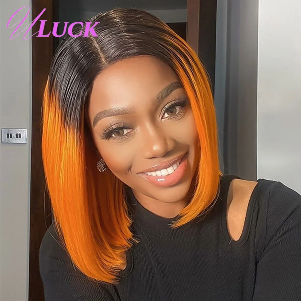 Uluck Doppio Disegnato Breve Parrucca Diritta Bob 2x6 Parrucche Frontali Del Merletto Ombre Zenzero Colorato 300% Densità Parrucche Dei Capelli Umani Reali Per Le Donne