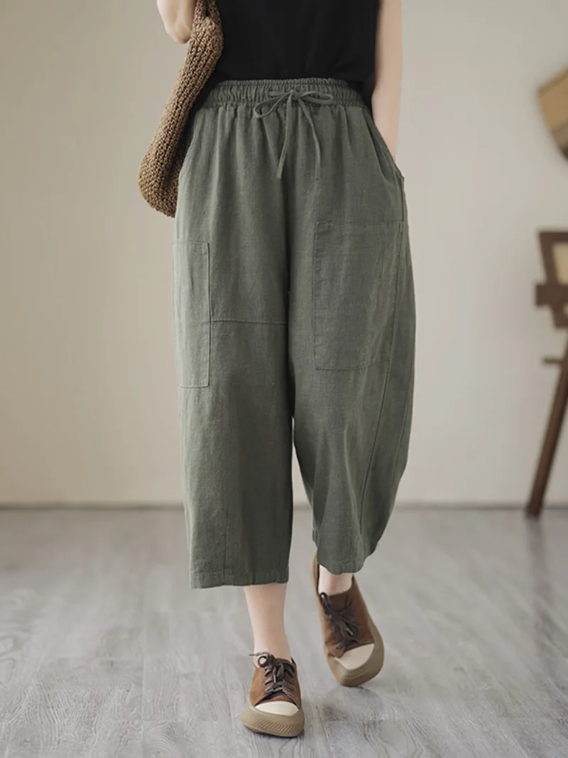 Pantaloni a gamba larga in cotone e lino a vita alta Pantaloni estivi leggeri casual da donna taglie forti Pantaloni a sette cinque lunghezza da pendolare Sle