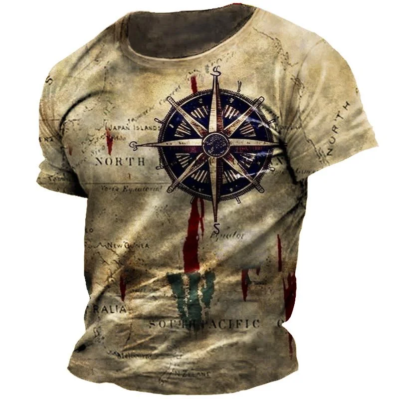 Mens T-shirt full front celestial orbit compass arrow line print dark vintage textured base short sleeve notch neck daily shirt