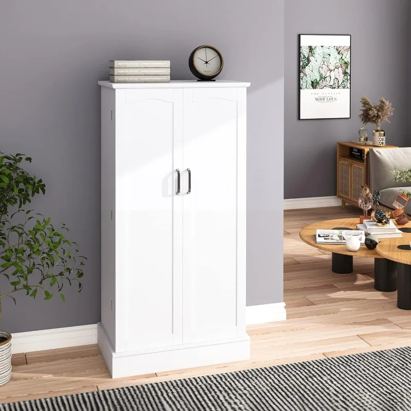 

47” Kitchen Pantry Cabinet, White Freestanding Buffet Cupboards Sideboard with Doors & Adjustable Shelves