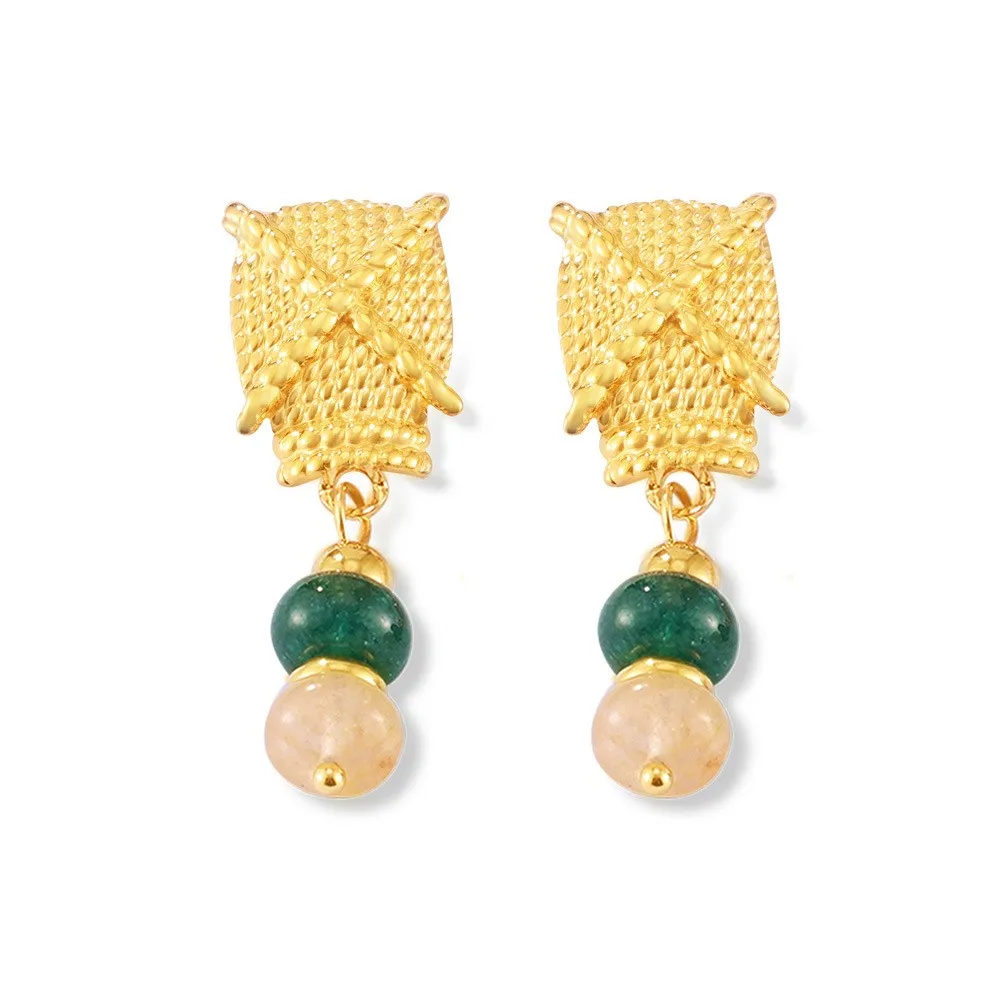 Stainless Steel Gold Plated Vintage Earrings for Women Green Pink Natural Stone Beaded Drop Earrings 2024 Trend Summer Jewelry