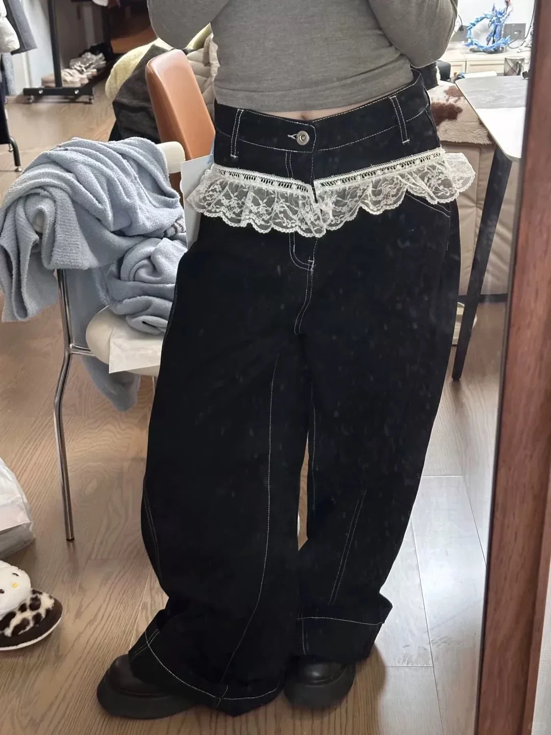 

Y2K кружевные лоскутные джинсы женские черные ретро элитные прямые брюки свободного покроя осень новый дизайн