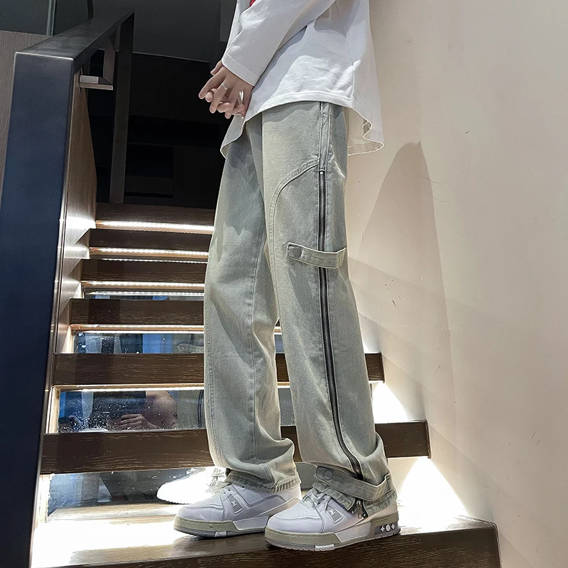 

Side Zipper Loose Straight Leg Men's Jeans Yellow Mud Color Washed Retro Style Casual Workwear Long Trousers
