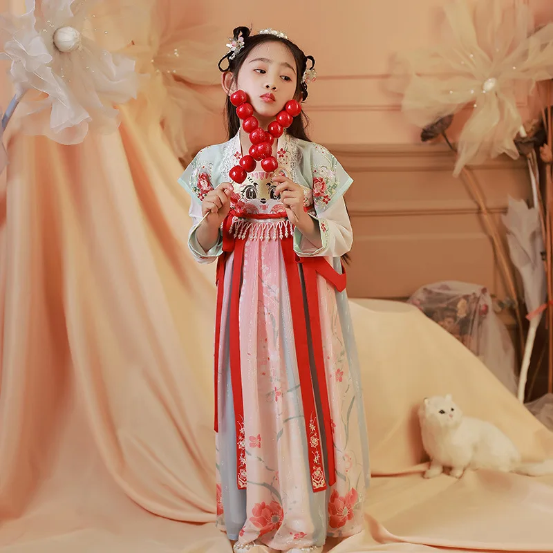 Kids Chiffon Spring Summer Ancient Hanfu Girls Long Sleeve Embroidery Tang Suit Children Chinese Lovely Perform Costumes