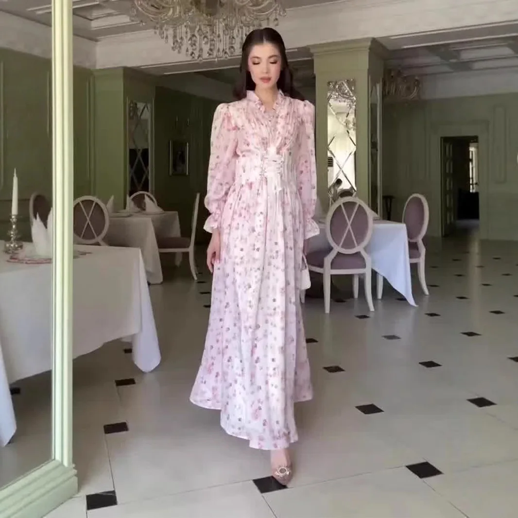 Ele Floral Print Maxi Dr Slim Fit Long Sve mid Waist Cotton Polyester Knitted High Waist Spring New Arrival