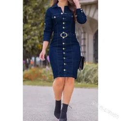 Women Denim Mini Dress Long Sleeve Single Breasted High Waist Slim Sexy Bodycon Dress with Belt