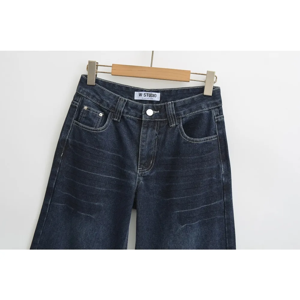 Fashionable American Style Straight Leg Jeans for Women Vintage Dark Blue Loose Denim Pants Stylish Cowgirl Wide Leg Baggy Pants