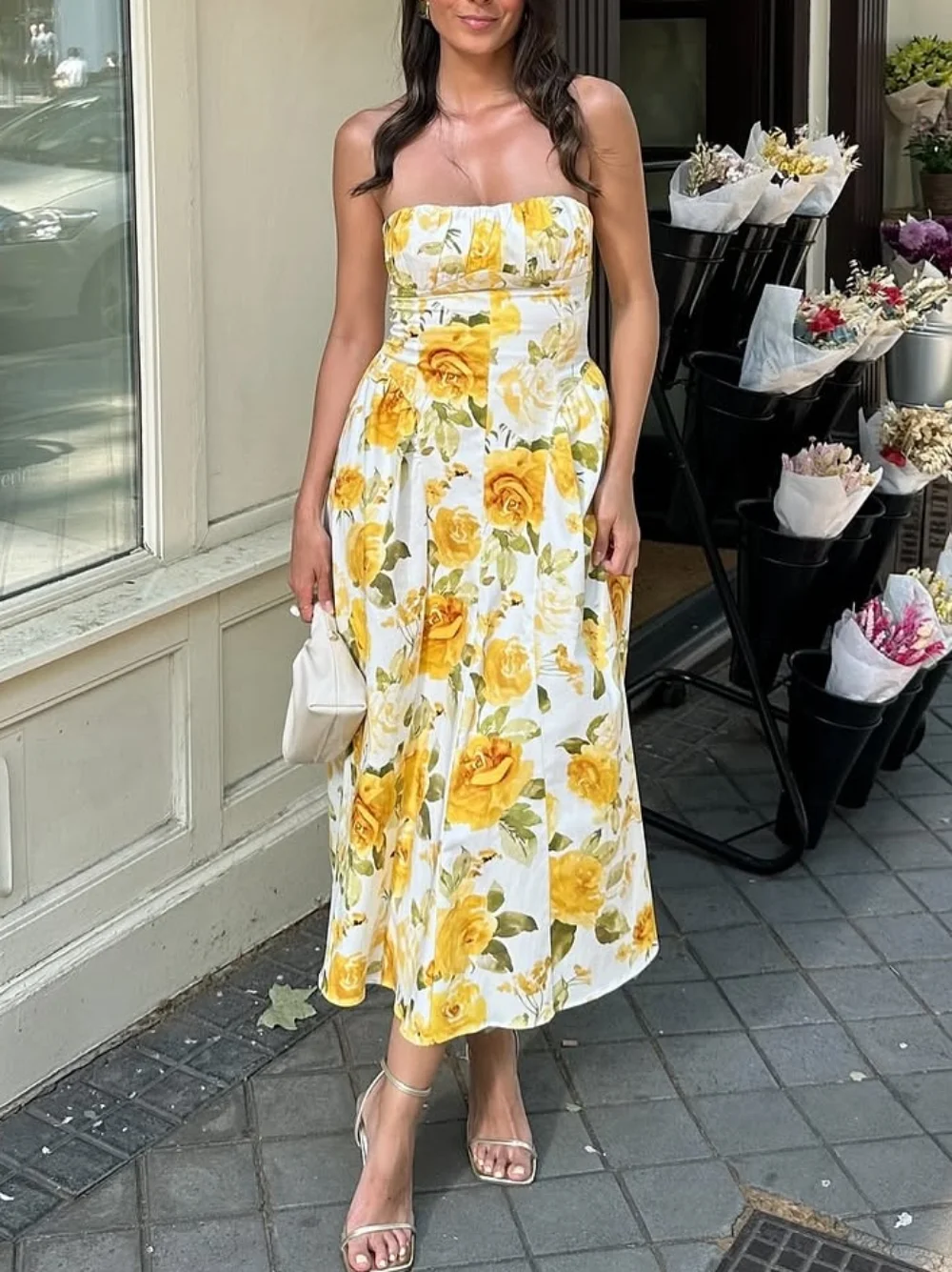 

Elegant printed dress sexy off-shoulder maxi dress female sleeveless off-shoulder midi dress 2025 temperament holiday party dres