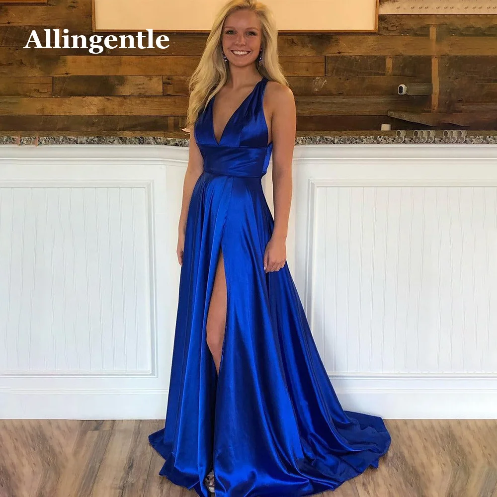 

Allingentle Royal Blue Deep V-Neck Evening Dresses Sexy A-Line Sleeveless Side Slit Prom Party Gowns Cross Back Vestidos De Gala