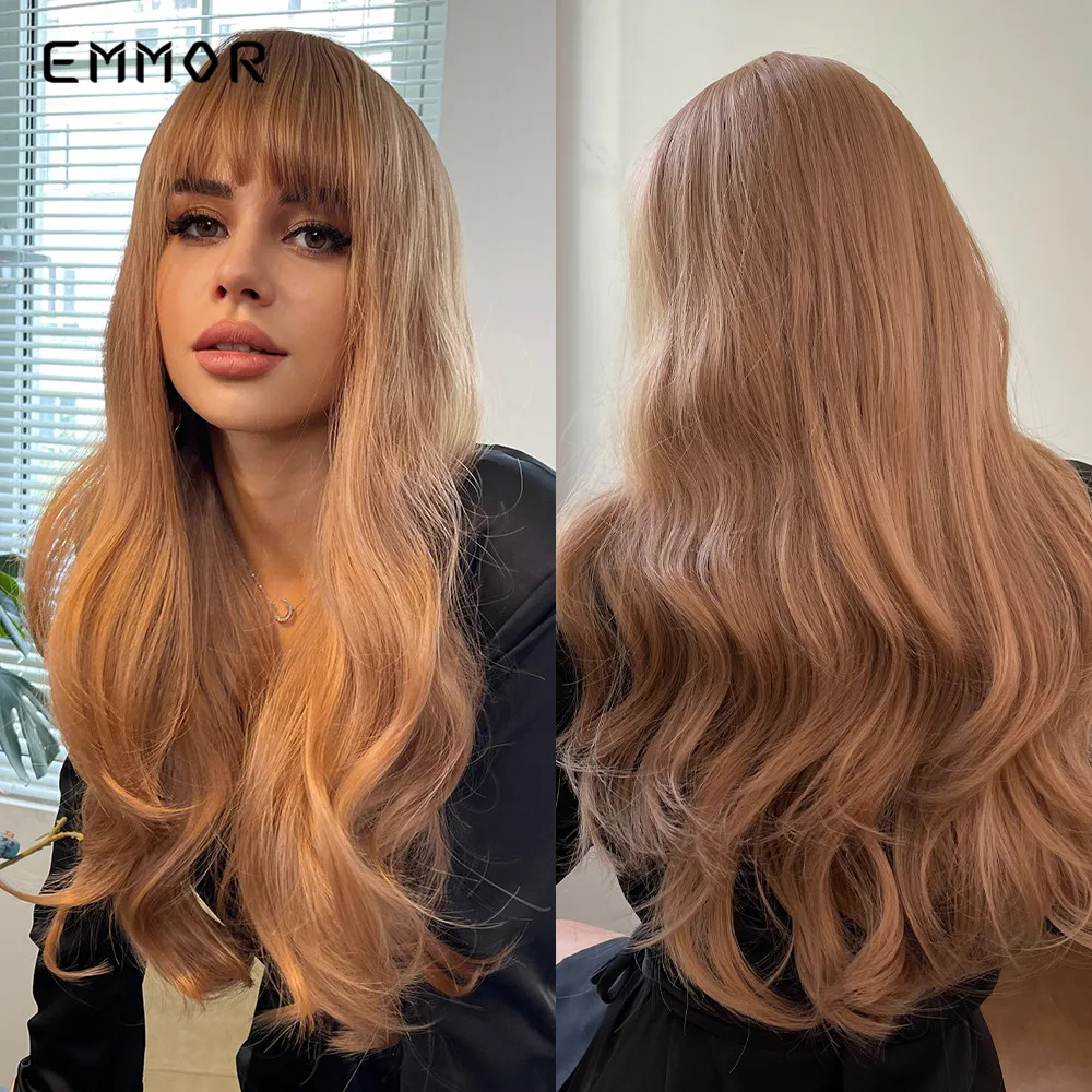 Emmor Wig Gelombang Air Sintetis untuk Wanita Wig Pirang Tubuh Panjang Alami dengan Poni Wig Rambut Cosplay Harian Serat Tahan Panas