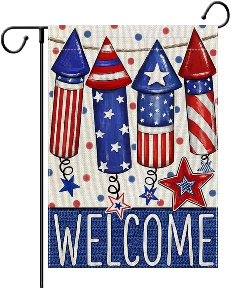 Welcome 4th of July Garden Flag 12.5 x 18 Inch Memorial Day Vertical Double Sided Burlap Flag for Independence Day Outdoor A UUN