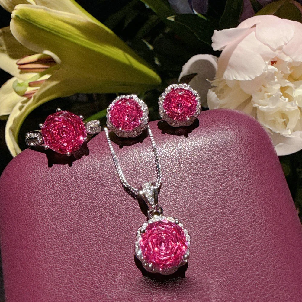 

Women Red Zircon Rose Crown Zircon Earrings Ring Set