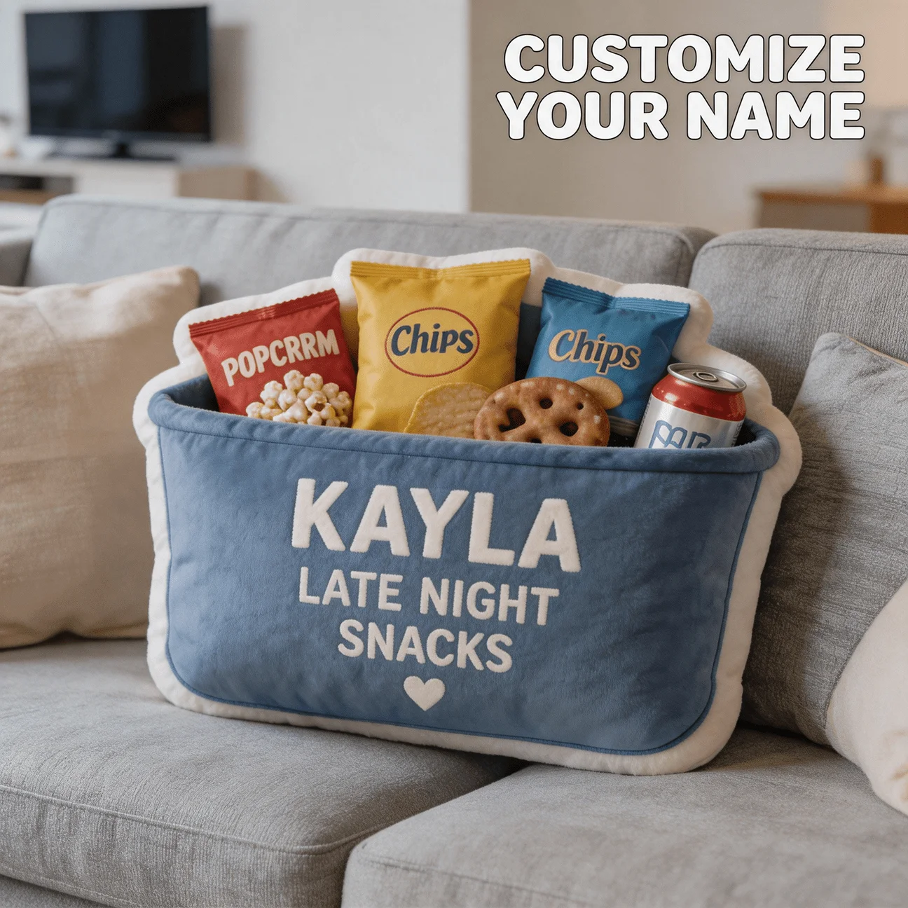 Custom Personalized Name Snack Basket Pillow, Blue Soft Storage Decorative Cushion, 70cm Large Size Accent Pillow for Sofa & Bed