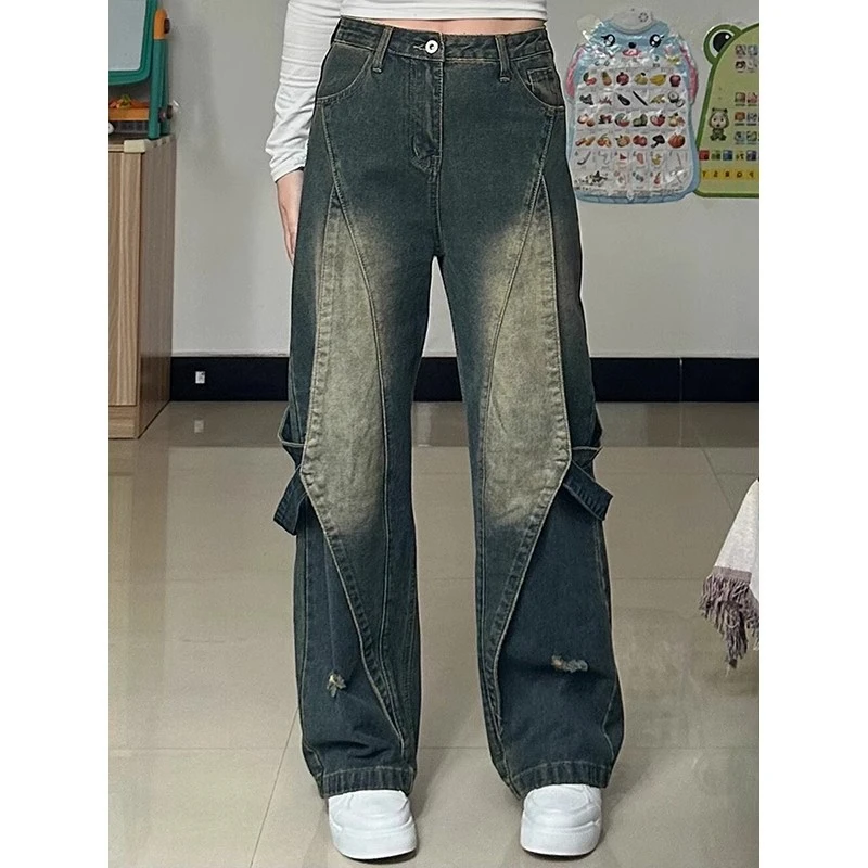 High Street retro broken holes wide-leg jeans female new design sense of high-waisted loose versatile straight work trousers