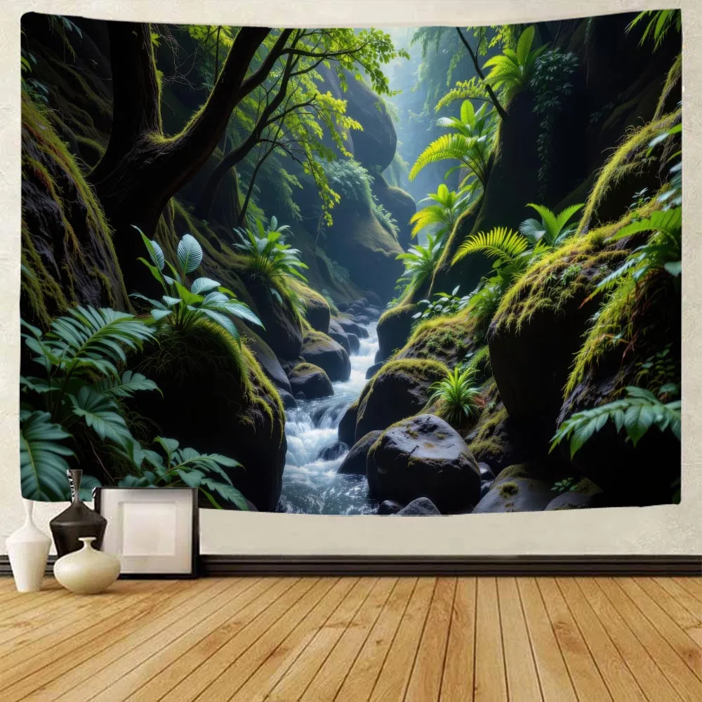 Natural Jungle Tapestry Green Tree Wall Hanging Psychedelic Landscape Bedroom Aesthetics Home Wall Decoration Plant Streams
