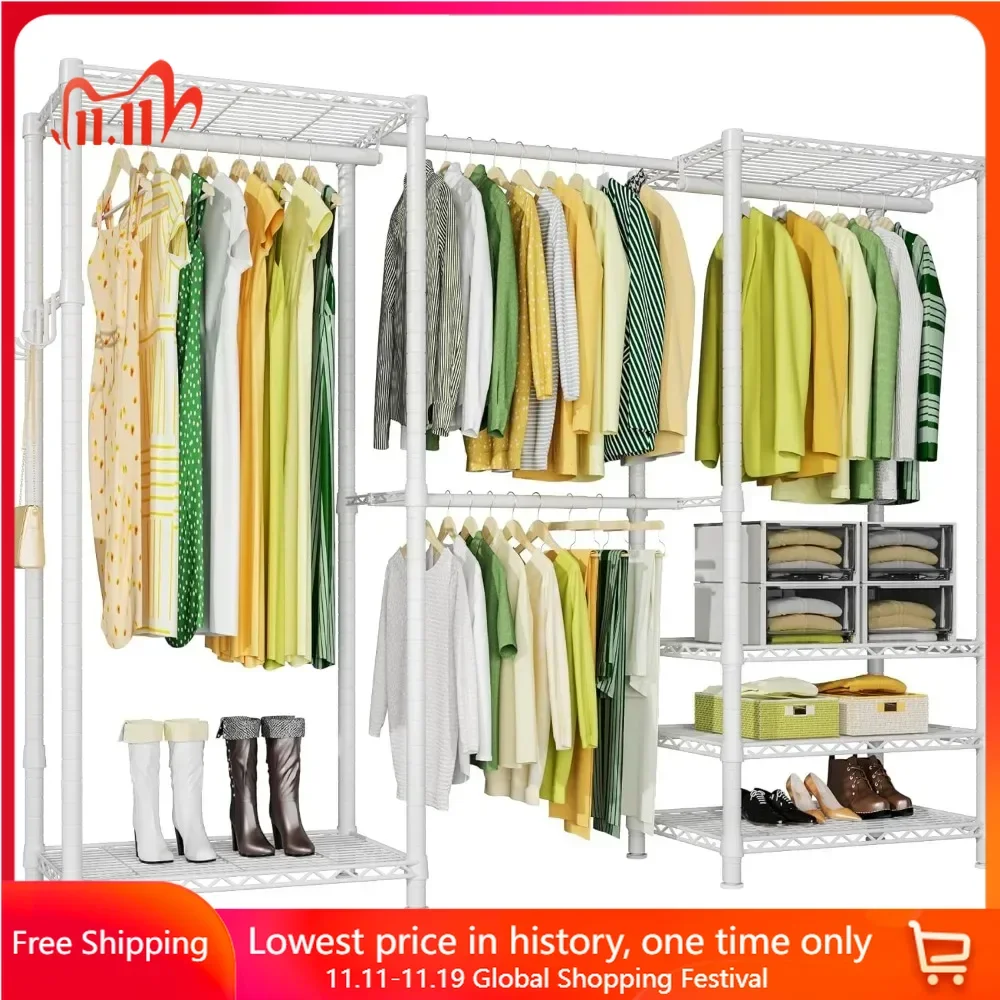 

Clothes Rack, 6 Tiers Metal Freestanding Garment Racks, Expandable Closet Organizers and Storage with 4 Hanging Rods, Coat Rack