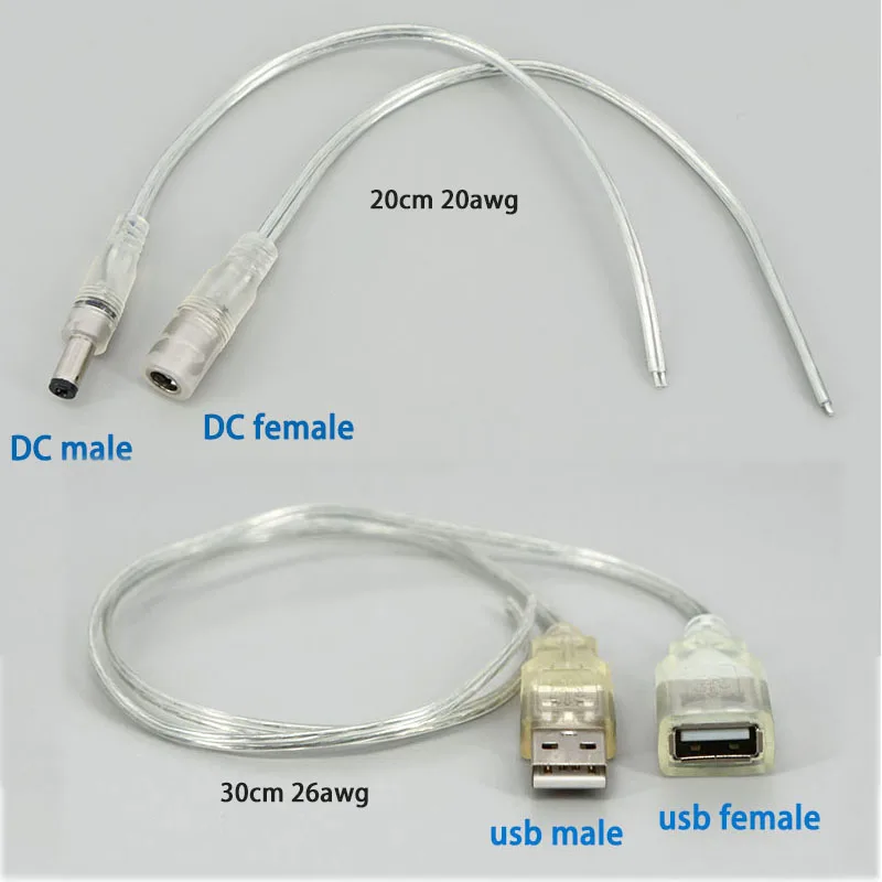 

DC USB-адаптер питания «папа-мама», прозрачный кабель с косичками, разъем 5,5x2,1 мм, удлинитель для светодиодной ленты, неоновая лампа