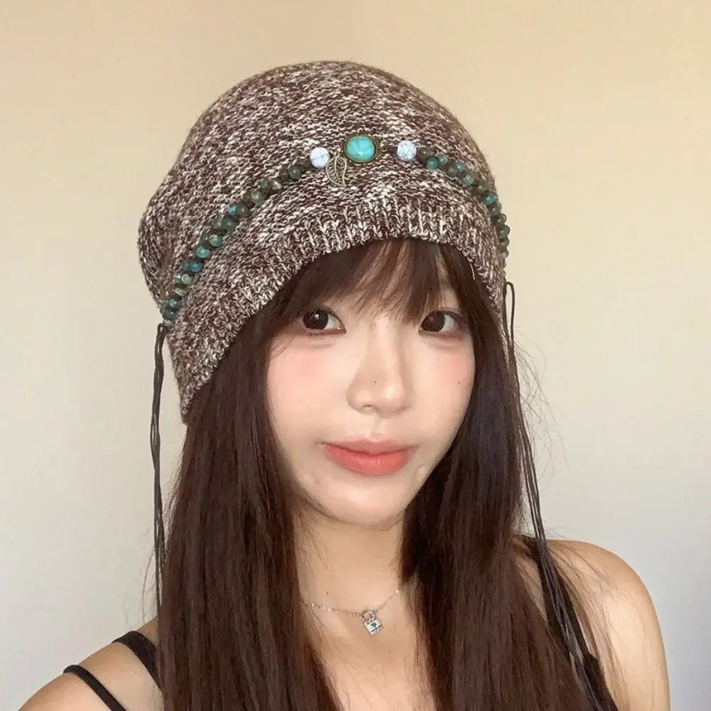 

Ethnic Style Bohemian Beanies Hat Coldproof Keep Warm Beaded Fringed Cap Solid Color Polyester Knitted Pullover Hat Female