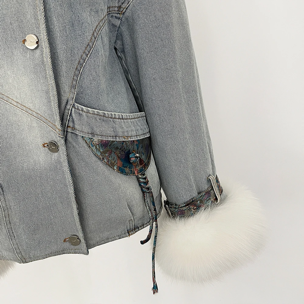 MENINA nuovi vestiti autunno inverno femminile vera pelliccia di volpe piumino d'oca coperchio interno giacca di jeans donna spessa pelliccia calda piumino signora