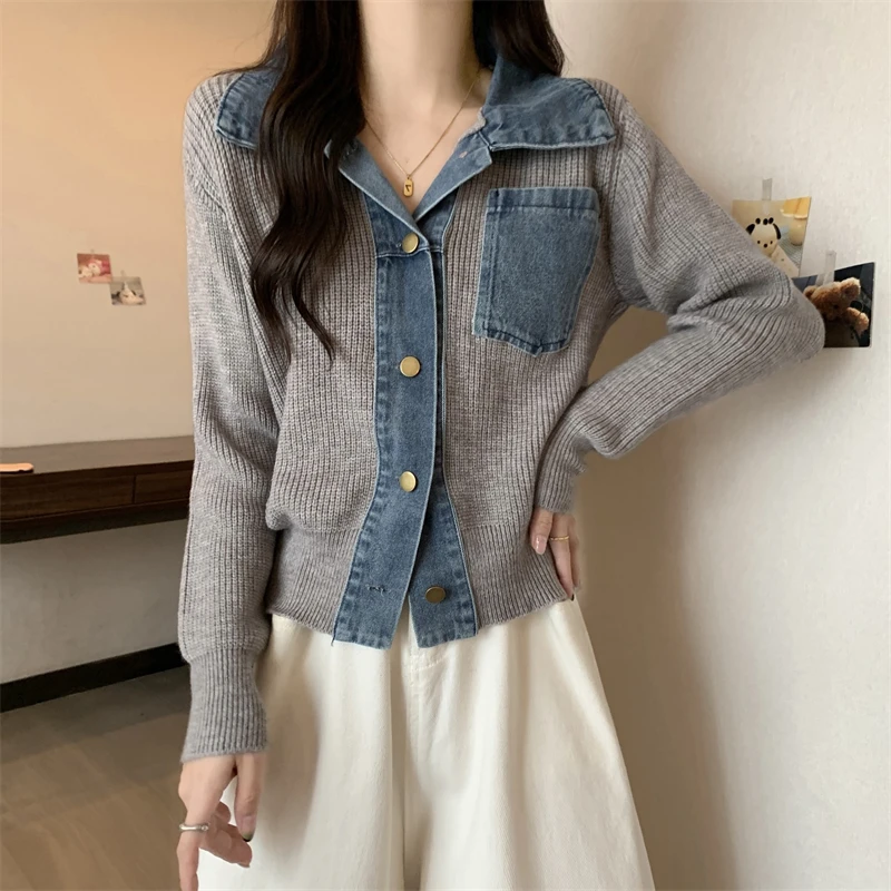 Women\'s Knitting Sweater Cardigans Korean Style Autumn Winter Denim Patchwork Polo Collar Long Sleeve Knitted Office Lady Tops