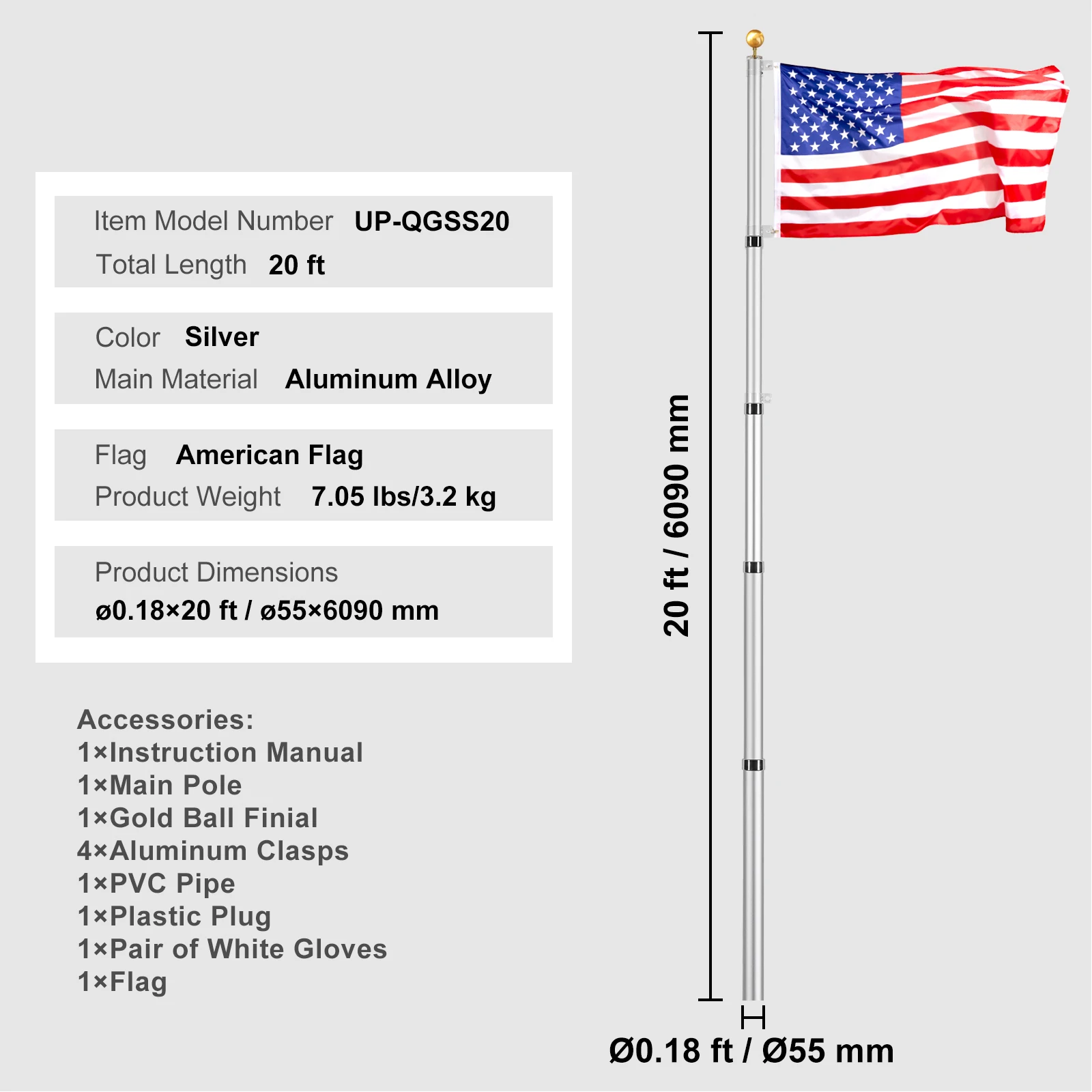 20FT Silver Telescoping Flag pole Kit, Heavy Duty Aluminum Alloy in Ground Flag Poles for Outside, 3 Display Modes Flagpole with 3x5 American Flag view 7