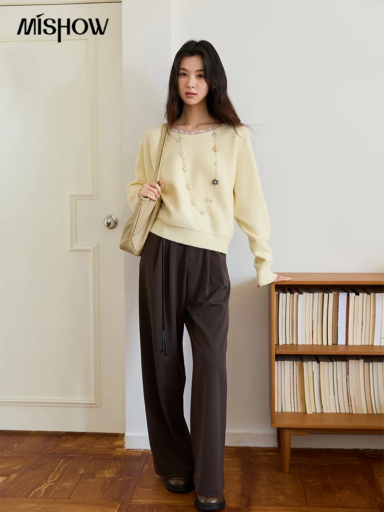 MISHOW femme pull tricoté 2025 automne nouvelle dentelle col rond manches longues pulls confortable décontracté jaune hauts MXE48Z2612