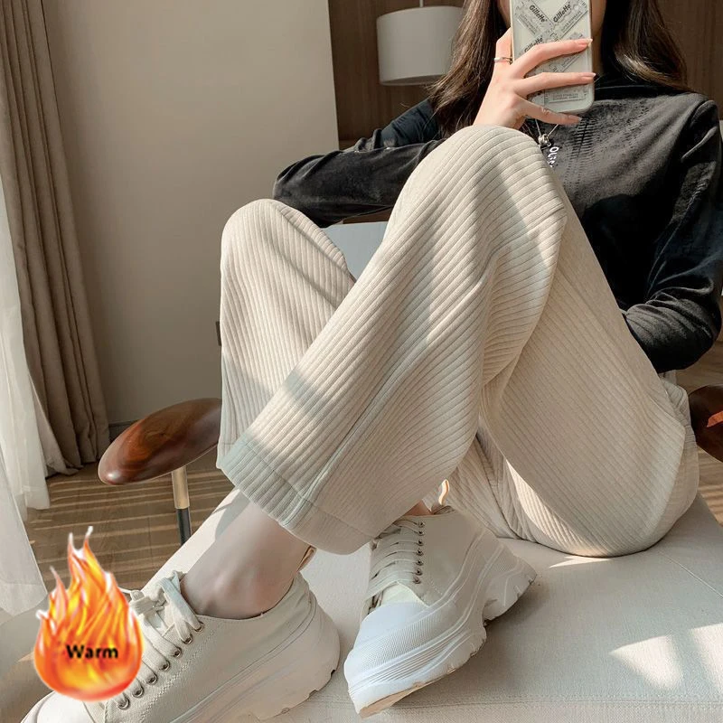 Winter Plus Velvet Wide Leg Pant Women Casual Fleece Lined High Waist Straight Trousers Korean Fashion Corduroy Baggy Pantalones