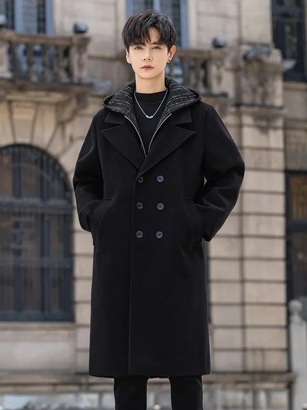 Men's Woolen Coat with Double-Breasted Design And Hooded Russian Style Neapolitan Outerwear Warm And Casual Long Sleeve Coat