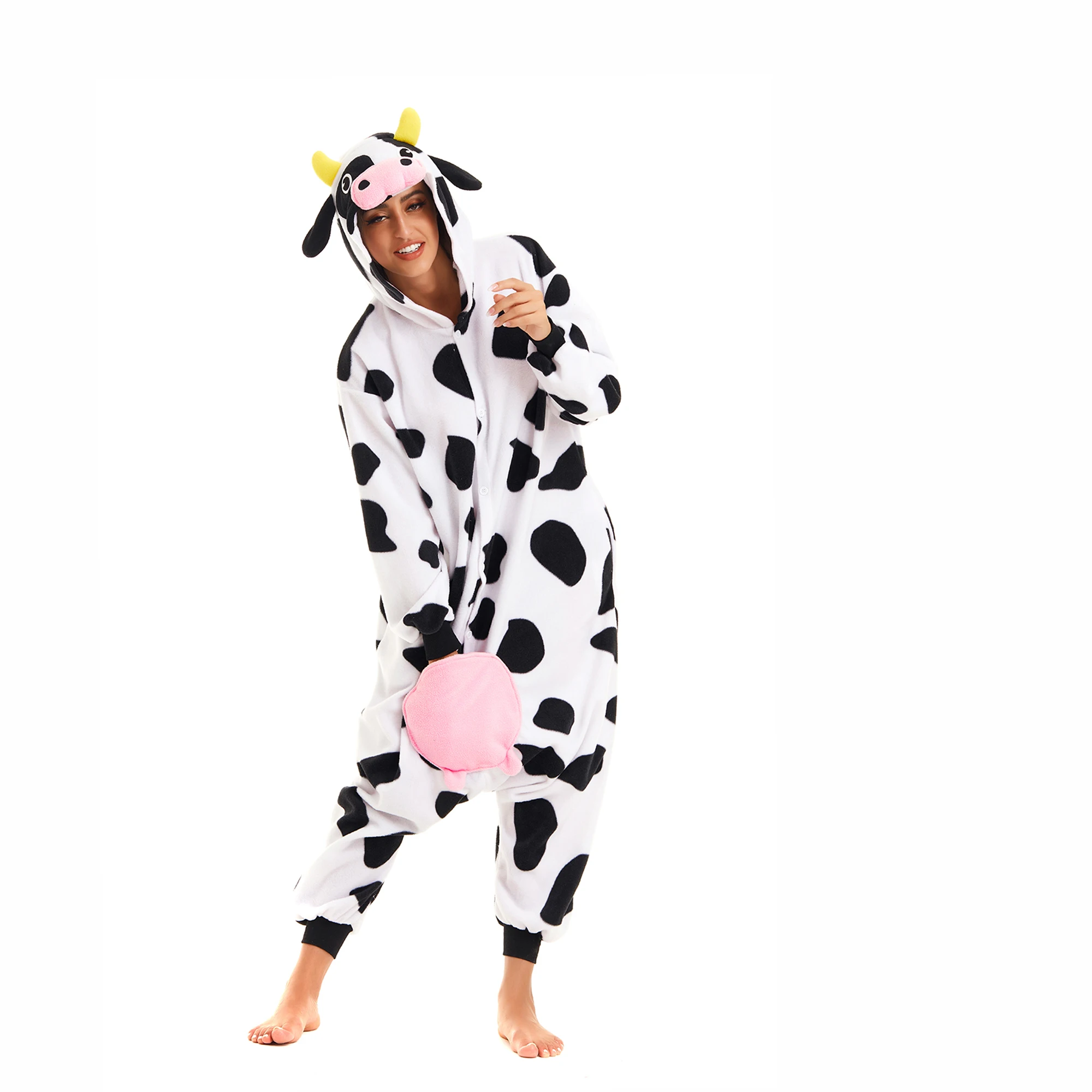 CANASOUR Cow Onesie One-Piece Pajamas Adults Women Soft Hooded Pyjamas Halloween Christmas Cosplay Animal Costume Sleepwear