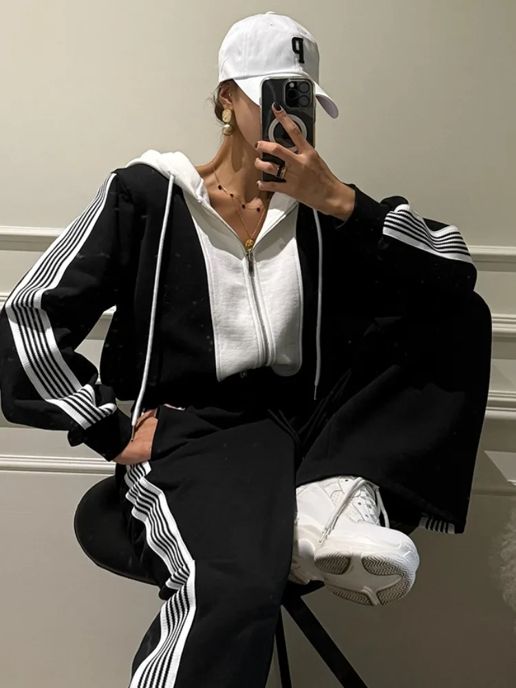 Faionable couleur Blo rayé Long Sve sweat à capuche Jaet femmes taille haute décontractée pantalons longs ensemble automne nouveauté rue...