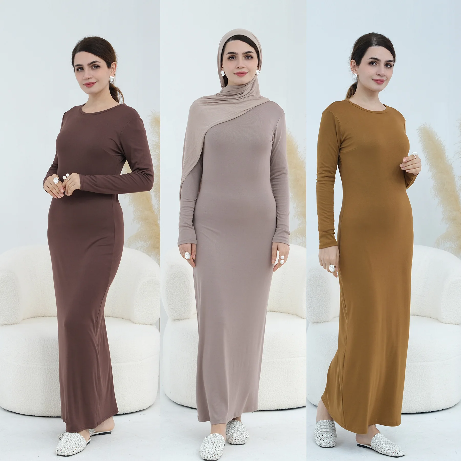 

2026 New Modest Dress Solid Color Inner Dresses Muslim Women Dubai Abaya Eid Ramadan Islam Clothing Turkey Arabic Robe Vestidos