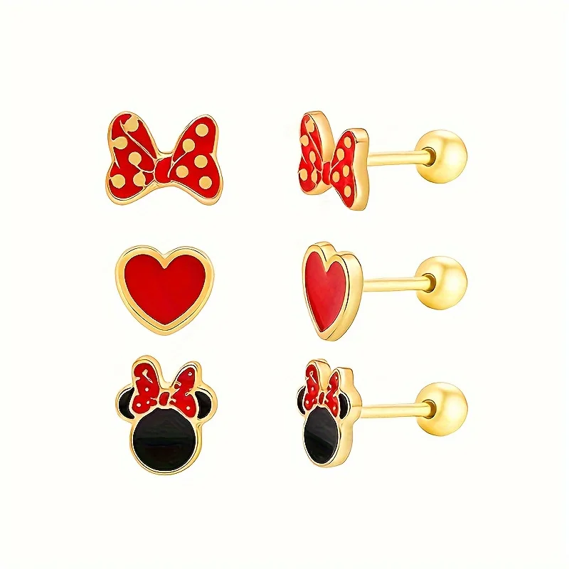 Cute cartoon Mickey bow-shaped heart-shaped stud earrings for women, made of copper, with pierced design. New cross-border fashi