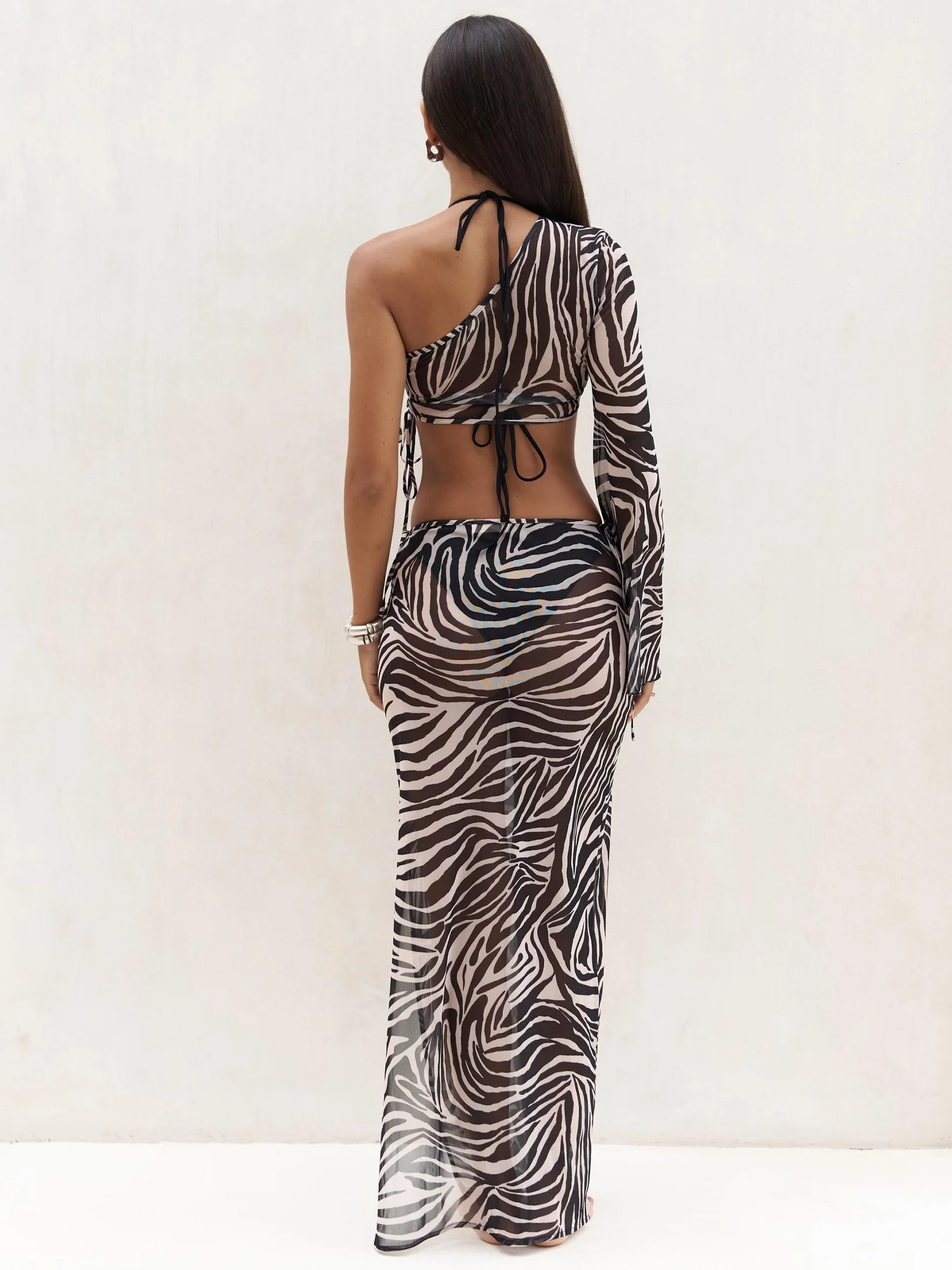 2025 Autumn Sexy See Through Zebra Striped Print One-Shoulder Long Sleeves With Long Skirt Two Piece Suit Women Clothing C87
