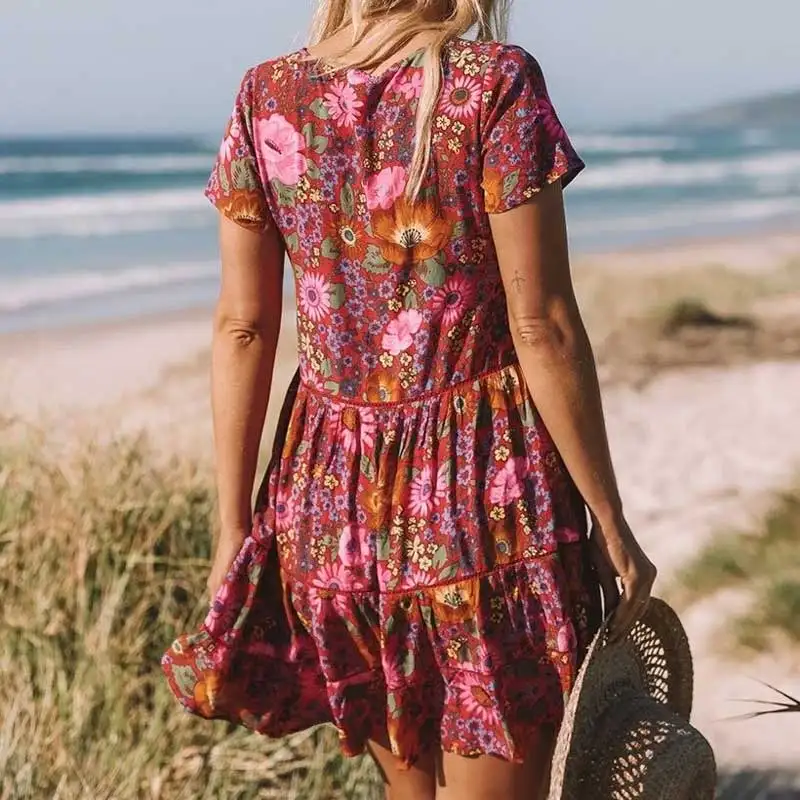 Boho Dress Daisy Red Foral Print Summer Dress V-neck Button Front Sleeve Rayon Mini Women Dress Bohemian Chic Vestidos Lady NEW