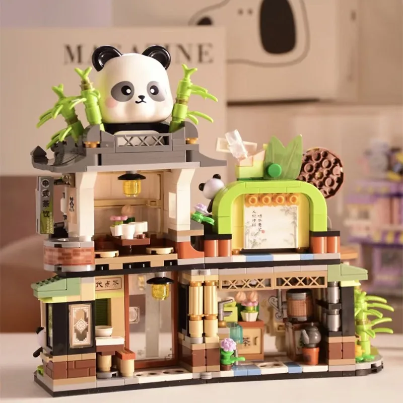 New panda tea house snail powder shop street view assembled building block toys boys and girls birthday gift