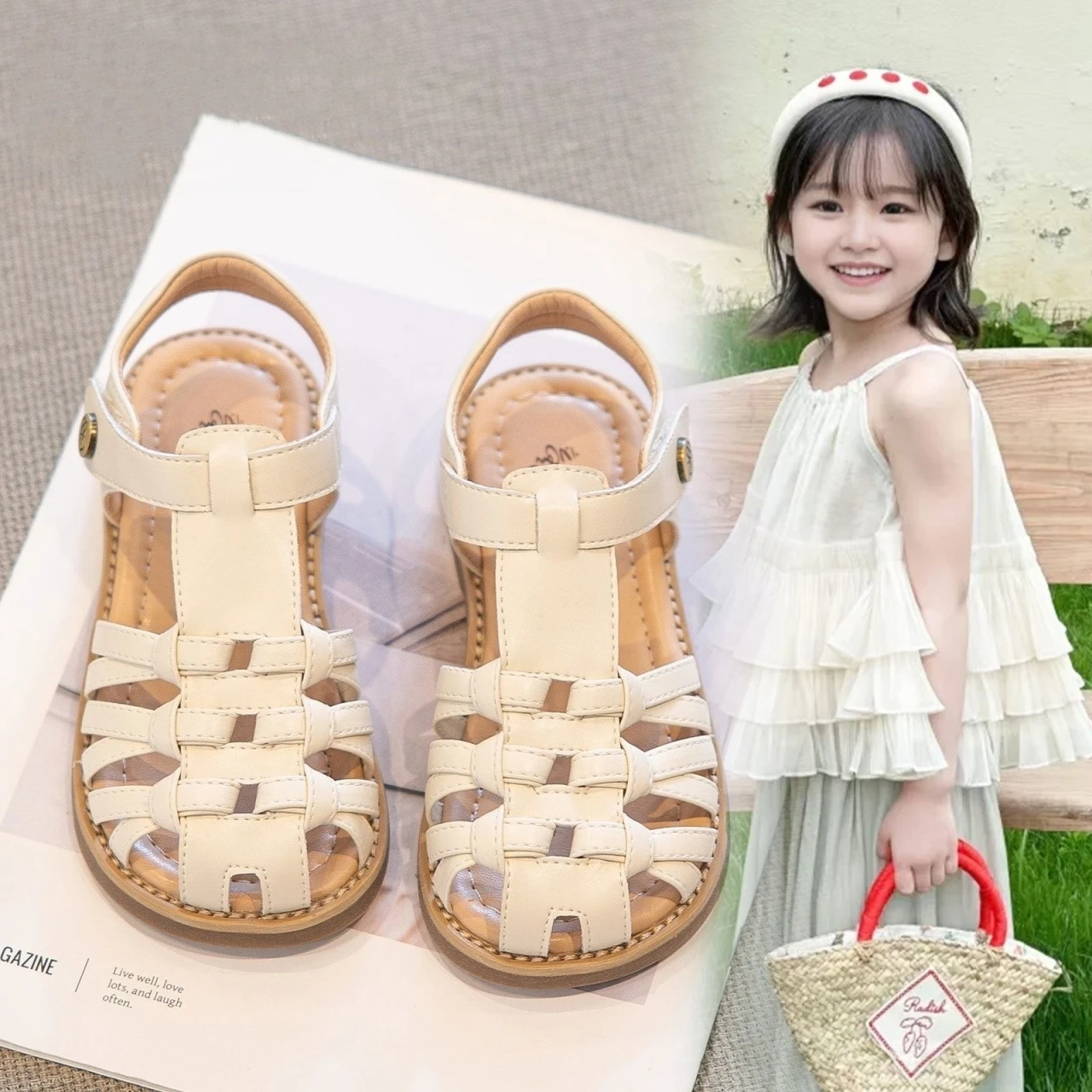 Children's Leather Cage Roman Style Baotou Sandals Summer New Toddler Non-slip Soft-soled Beach Holiday Casual Sandals