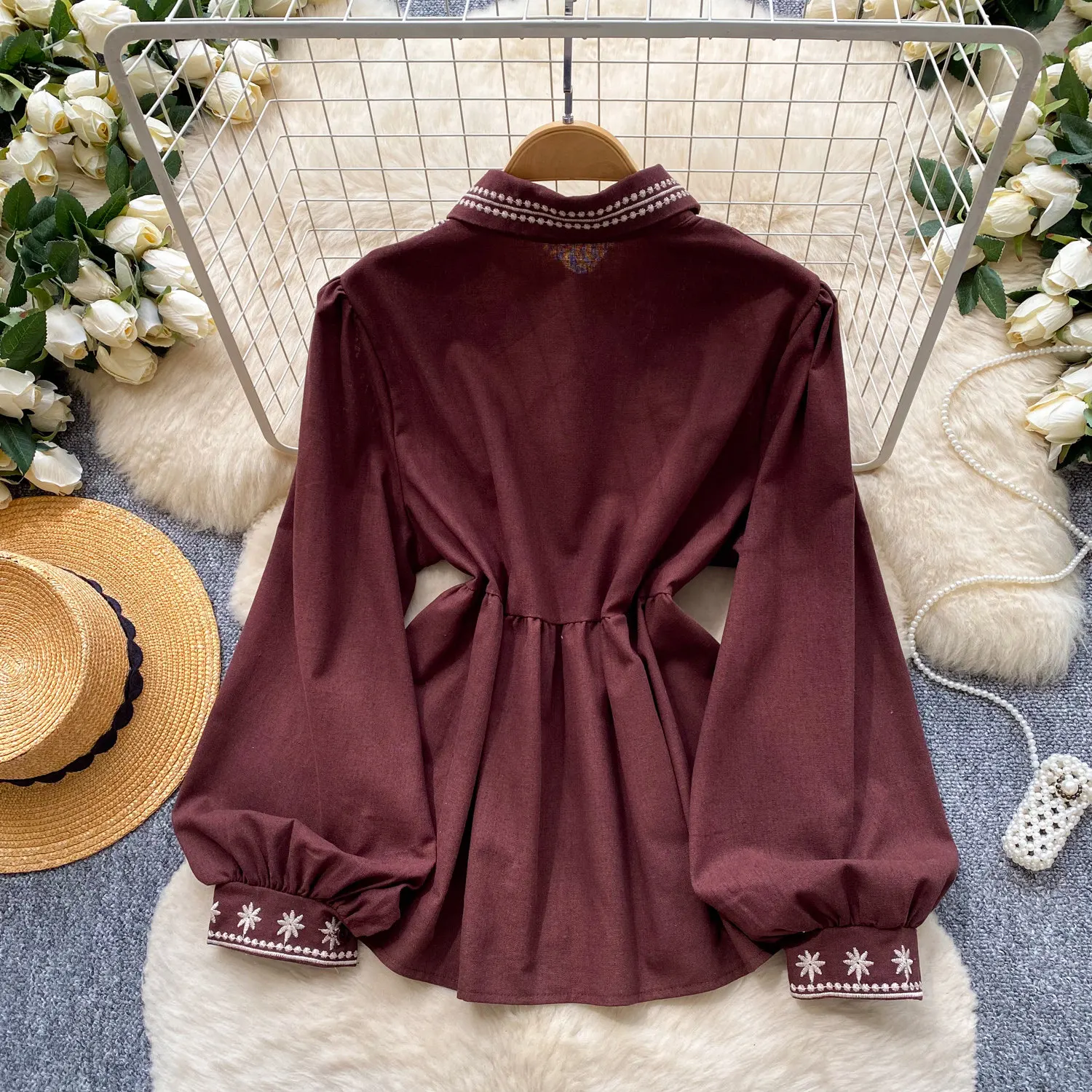 Women's Vintage Blouse Bohemian Embroidered Shirt Long Sleeve Turn-down Collar Loose Fit Spring FallCasual Elegant Top BL423 view 3