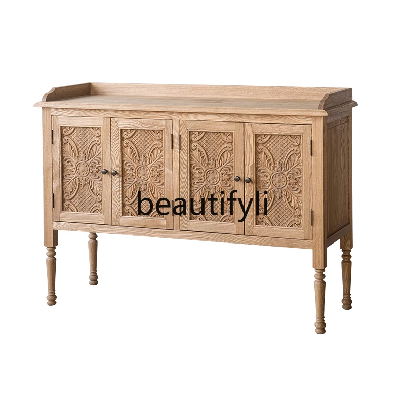 American country carved dining side cabinet Nordic French retro simple solid wood oak porch storage porch cabinet