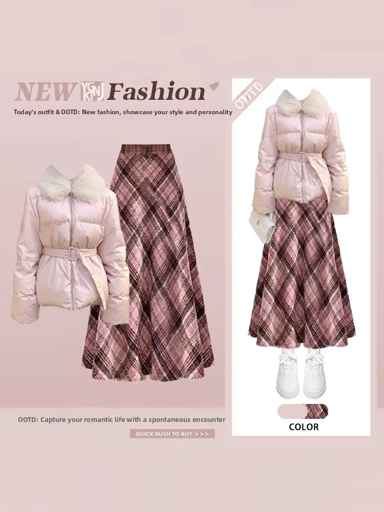 

Winter Slimming College Sle Plaid Skirt Set Women's High Waist Coat with Fur Collar Long Sve Faion Ensemble