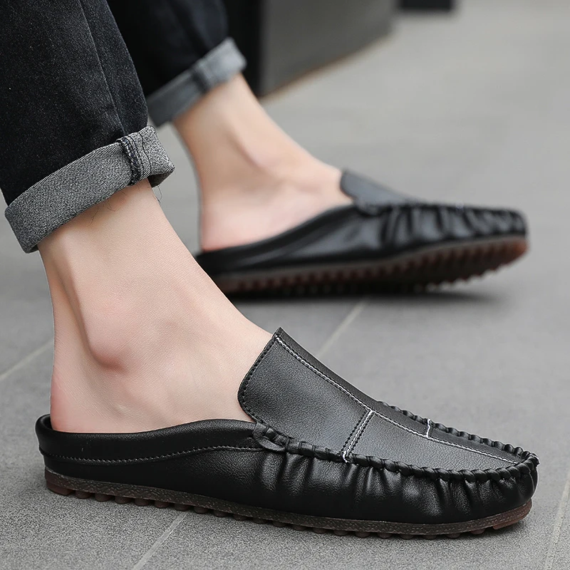 Summer Mules Men's Open-back Casual Shoes Mens Backless Loafers Leather Half Slipper For Men Slip on Lazy Driving Shoe Moccasins