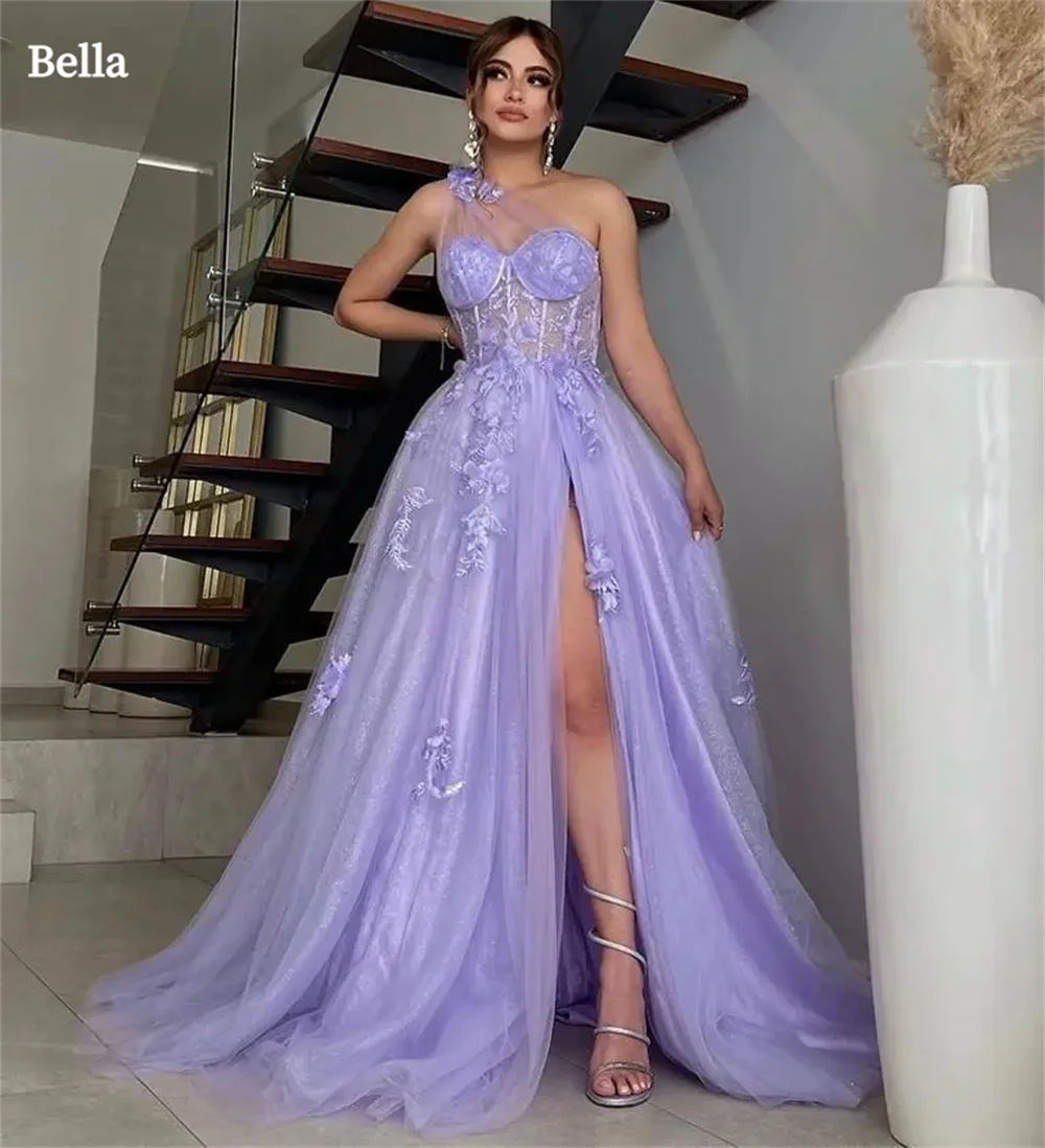 Bella lavanda tule vestidos de baile um ombro a linha vestido de casamento personalizado sem mangas até o chão dividir vestidos de fiesta