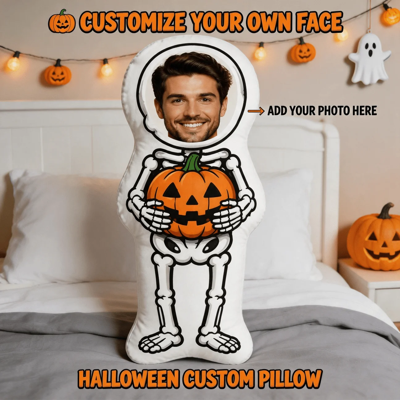 Custom Face Skeleton Pumpkin Shaped Pillow, Personalized Photo Decorative Cushion with Smiling Man Head, Unique Halloween Home D