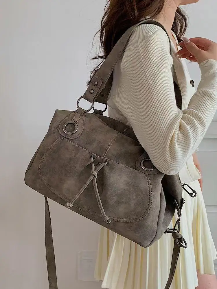 JIAERDI Vintage Grey Large Capacity Tote Bag Women Retro High Street Casual Crossbody Bag Ladies Versatile Shoulder Bags Handbag